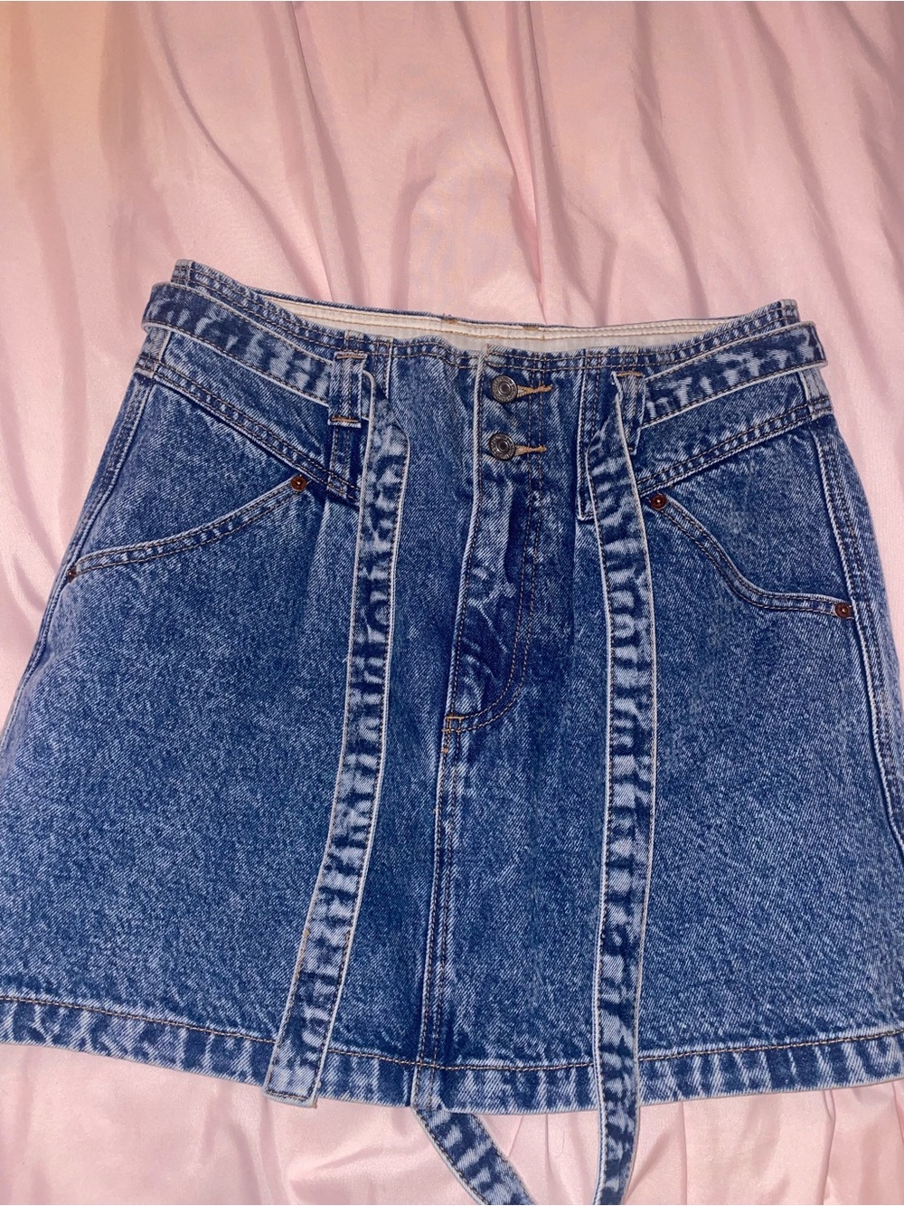 Abercrombie & Fitch Acid Wash Blue Denim A-Line Skirt with Tie